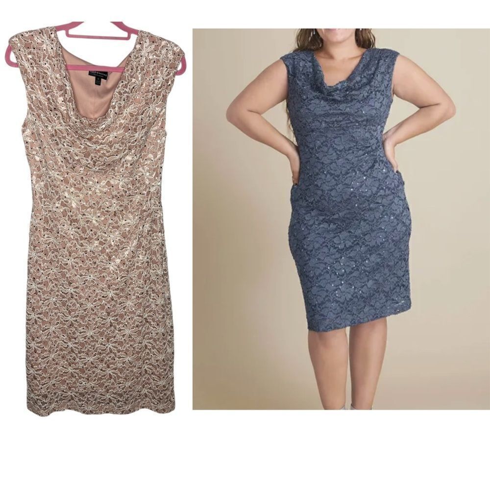 Connected Apparel Tina Sequin Dusty Pink Lace Cowl Neck Knee Length Dress Sz 12